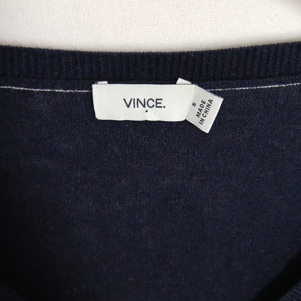 Vince Navy Blue Cream Colorblock Merino Wool Blend V-Neck Sweater Small - Picture 2 of 5